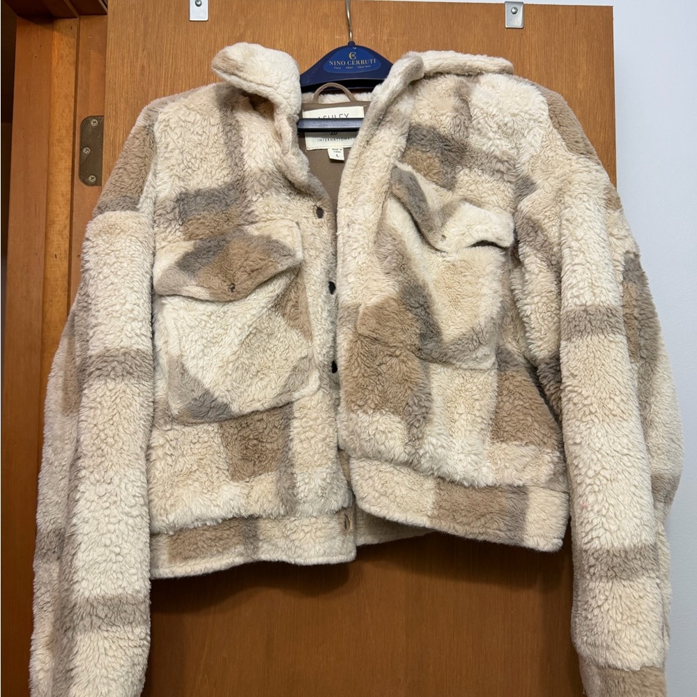 Ashley By 26 International Plaid Sherpa Jacket - Cream and Tan